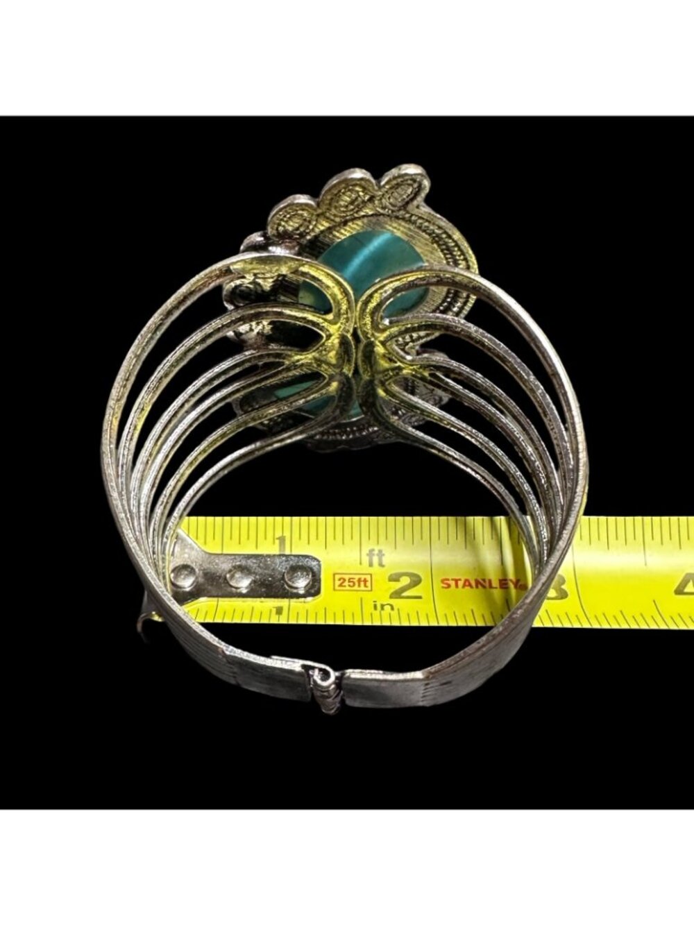 Southwestern Style Chunky Hinged Bangle Bracelet Silver Tone Blue Center Womens - Picture 5 of 6